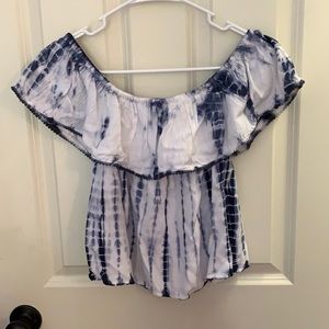 Navy and White Tie Dye Off the Shoulder Top